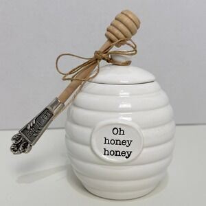 Mud Pie Oh Honey Honey Beehive Ceramic Honey Pot Set White Farmhouse Cottage